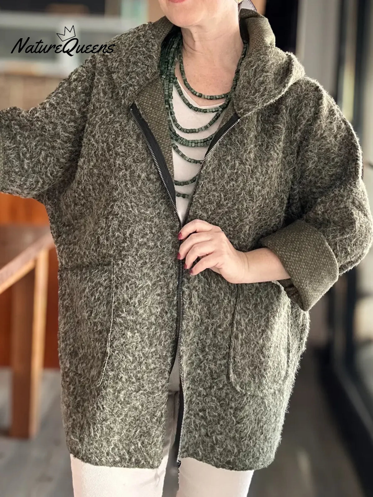 Women's Boucle Wool Blend Zip-up Hooded Jacket