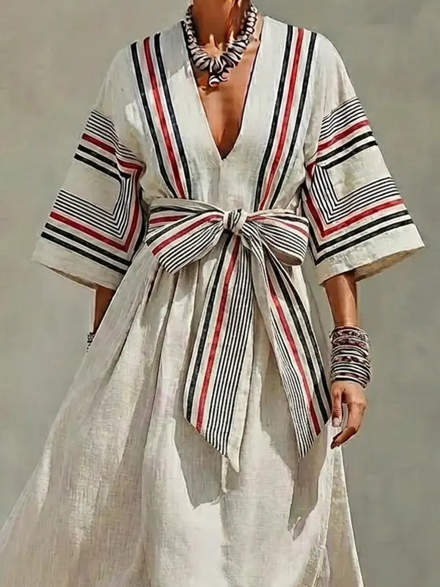 Women's Retro Striped Art Casual Vacation Cotton Linen Maxi Dress