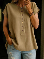 Women's Round Neck Short-sleeve Linen Cotton Top