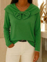 Women's Solid-color V-neck Long-sleeve Loose-fit Cotton Casual Top