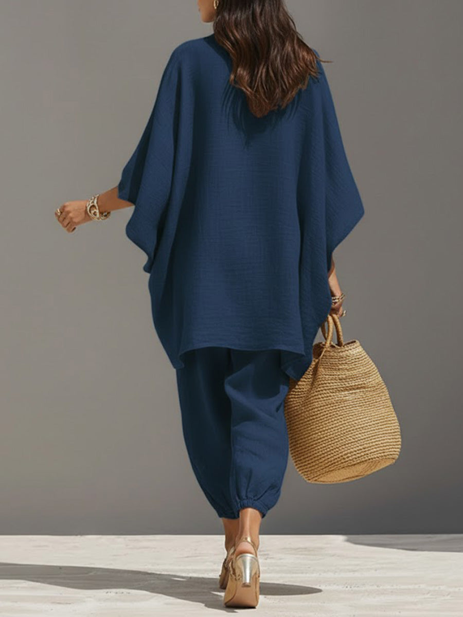 Women's Solid Color V-neck Long Sleeve Casual Loose Cotton Linen Top With Elastic Waist And Wide-leg Pants Set