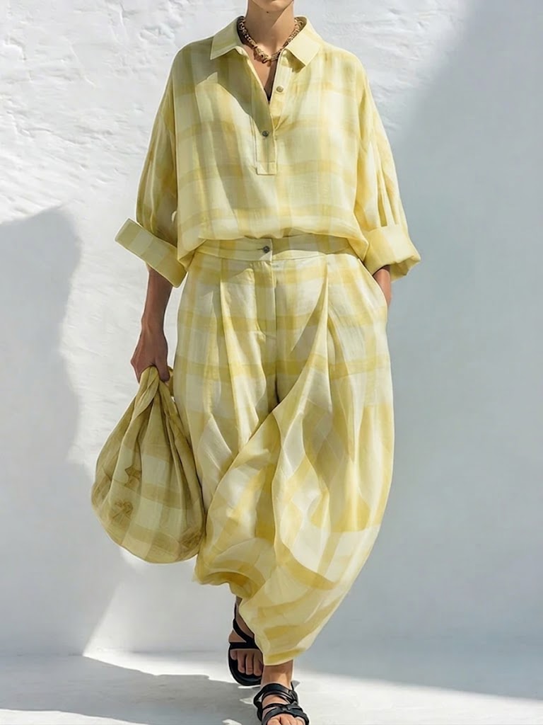 Loose-fit Casual Plaid Linen & Cotton Shirt And Wide-leg Pants Two-piece Set