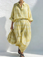Loose-fit Casual Plaid Linen & Cotton Shirt And Wide-leg Pants Two-piece Set