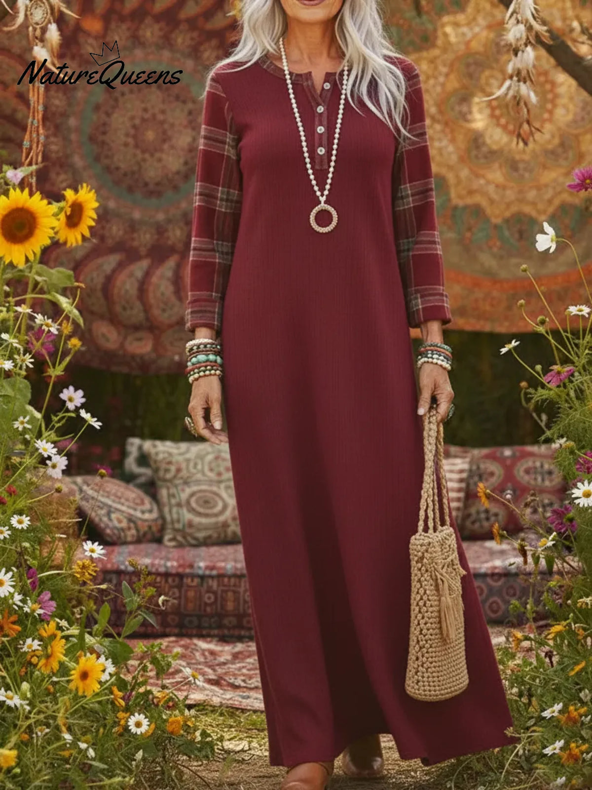 Cozy Henley Collar Sleeves Patchwork Plaid Knit Dress