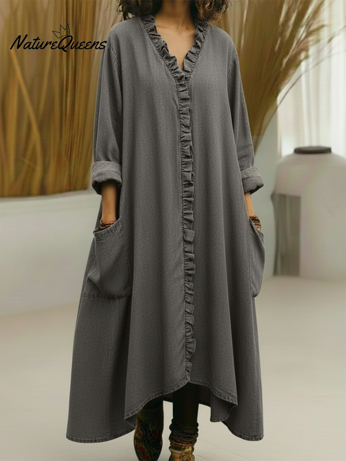 Casual Lace-trimmed V-neck Denim Dress