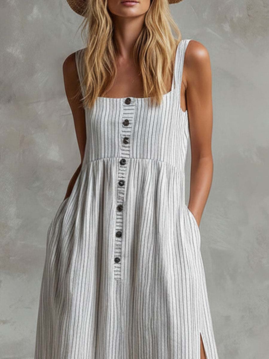 Women's Striped Art Casual Button Stylish Comfortable Cotton Linen Dress