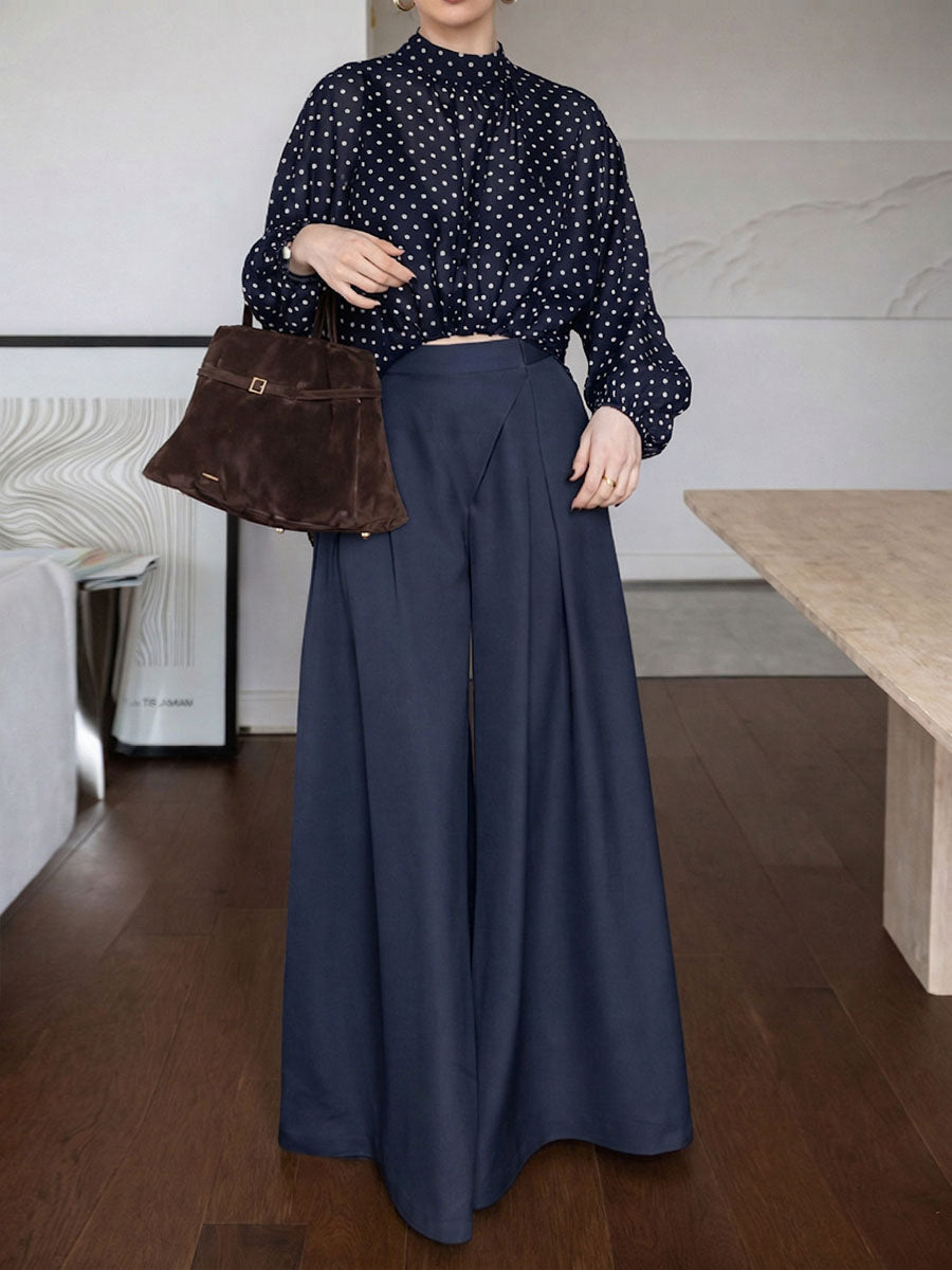 Women's Polka Dot Print Stand-collar Long-sleeve Loose Chiffon Top & High-waisted Wide-leg Pants Set
