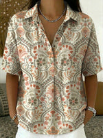 Women’s Flower Print Cotton Linen Polo Shirt