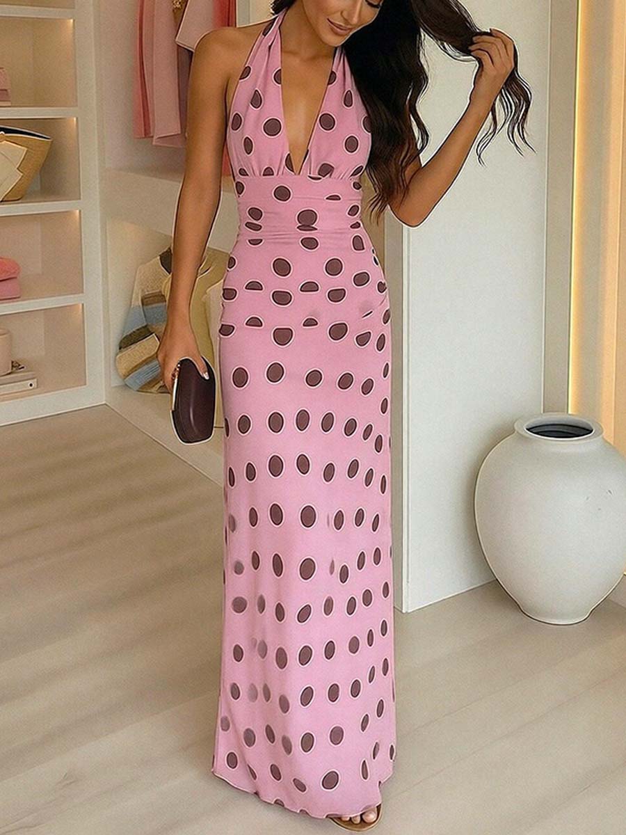 Women's Stylish Polka Dot Print V-neck Casual Sleeveless Elegant Dress