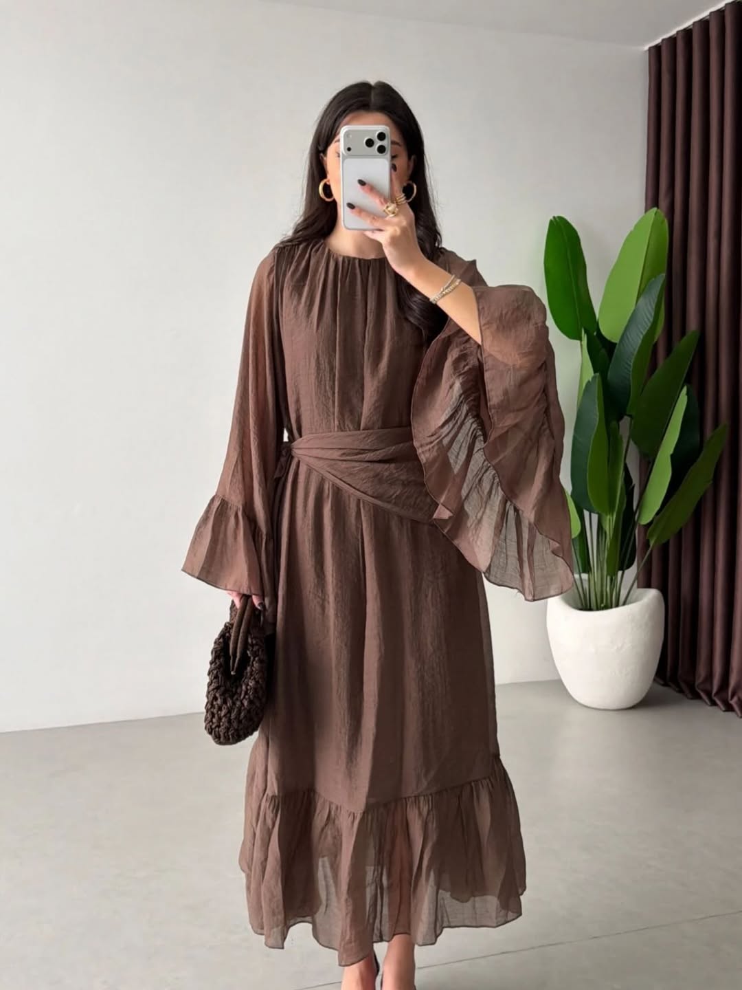 Women's Crew Neck Ruffled Flare-sleeve Midi Dress – Chiffon Dress With Waist Tie And Ruffle Details