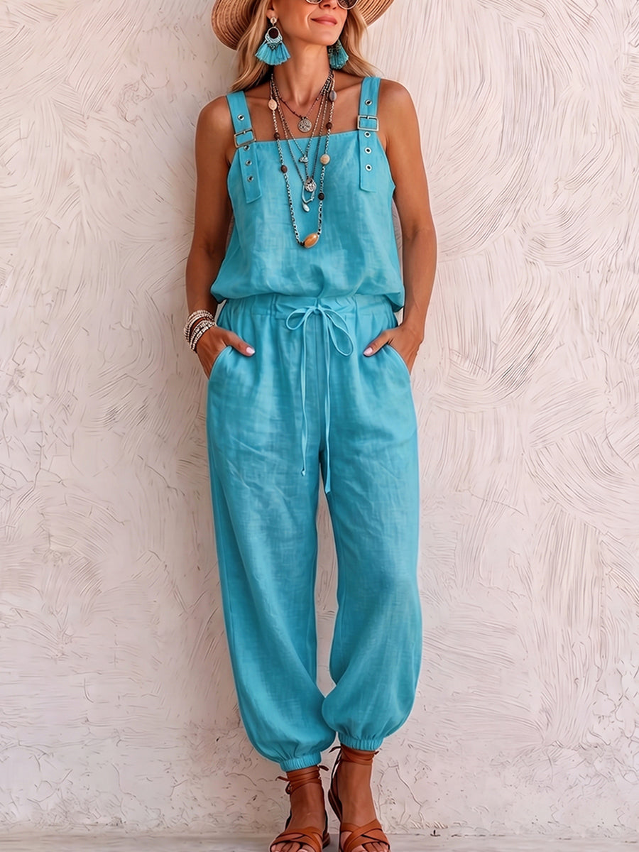 Boho-style Turquoise Shoulder Straps Jumpsuit