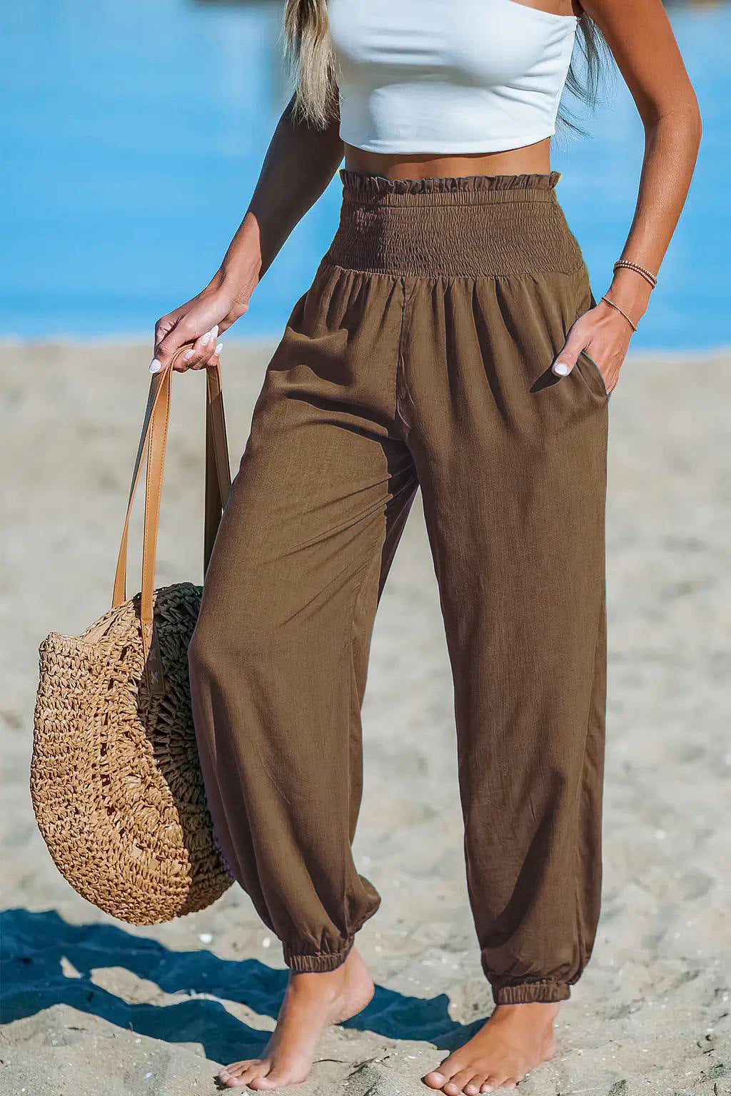 Women's Solid-color Casual Tapered Pants With Elastic Waist