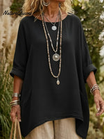 Casual V-neck Pocketed Irregular Hem Cotton And Linen Shirt