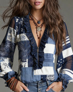 Women's Retro Ethnic Floral Art Casual Ruffled Zip Stylish Cotton Shirt