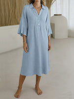 Women's Solid Color V-neck 3/4 Sleeve Casual Loose Linen Dress