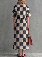 Women's Plaid-print Cotton-linen Two-piece Set: Short-sleeve Crewneck Loose-fit Top & High-waisted A-line Skirt