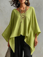 Women's Solid-color V-neck Long-sleeve Casual Loose Cotton-linen Top