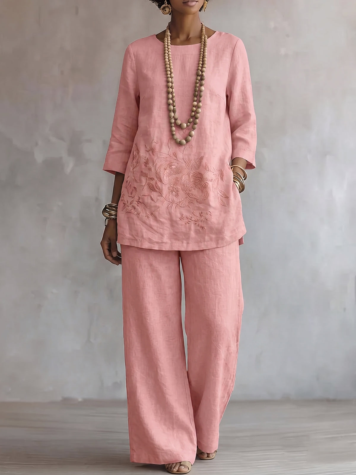 Women's Embroidered 3/4-sleeve Top And Wide-leg Pants Two-piece Set