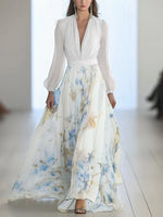 Women's Vintage Print V-neck Long Sleeve Dress