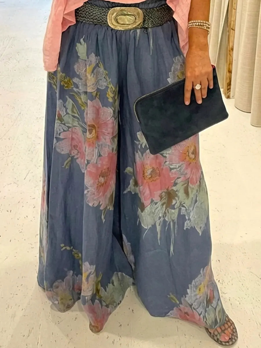Women's Floral Art Comfortable Loose Cotton Linen Wide-leg Pants Two-piece Set
