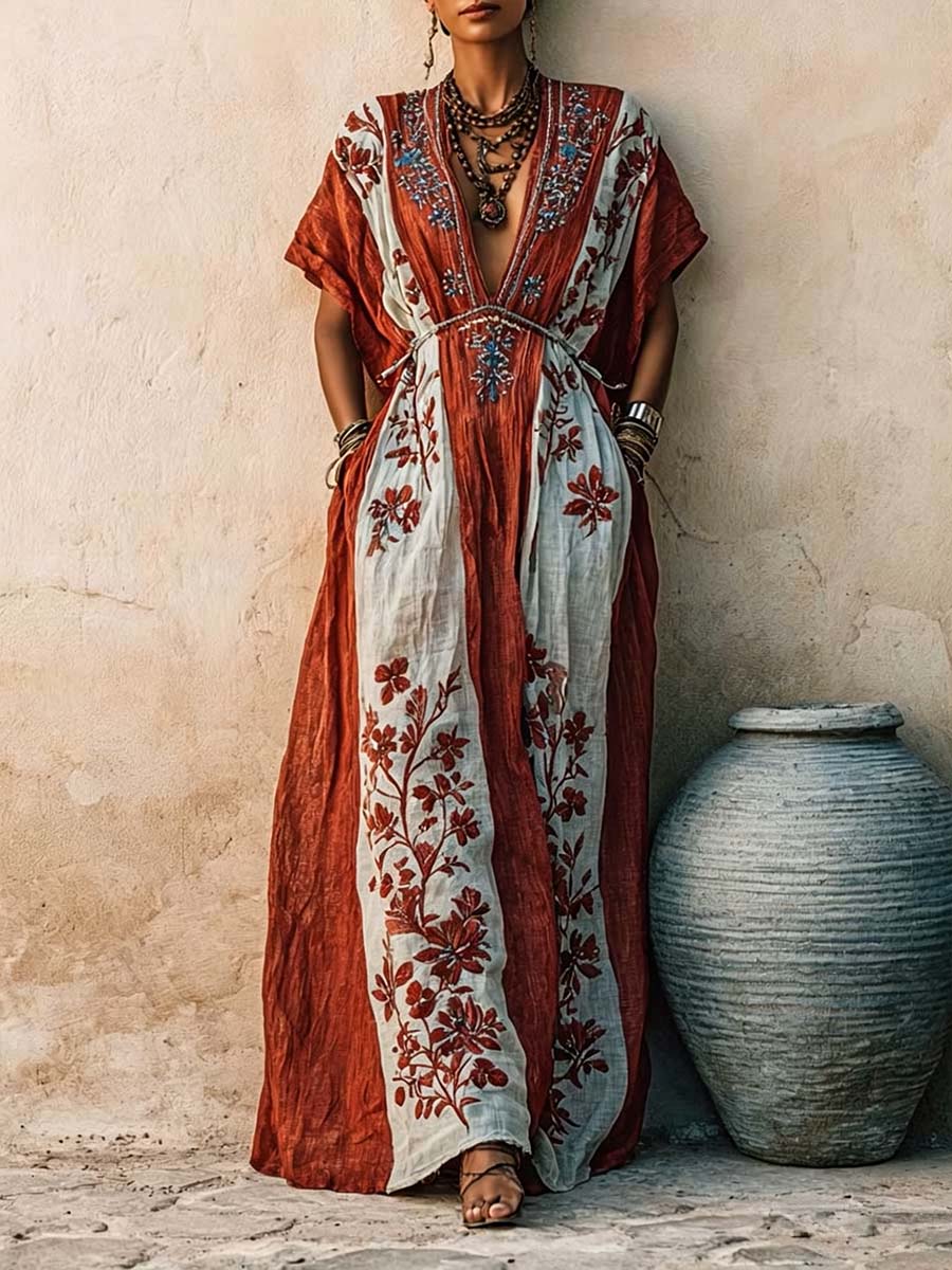 Women's Casual Loose Cotton-linen Dress With V-neck Short Sleeves And Placement Print