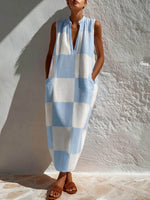 Women's Plaid-print V-neck Sleeveless Casual Loose Cotton-linen Dress