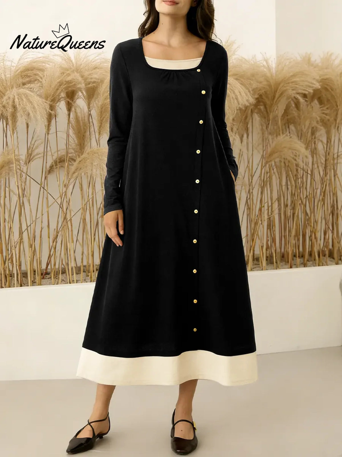 Women's Round Neck Long-sleeved Casual Loose Color-blocked Dress