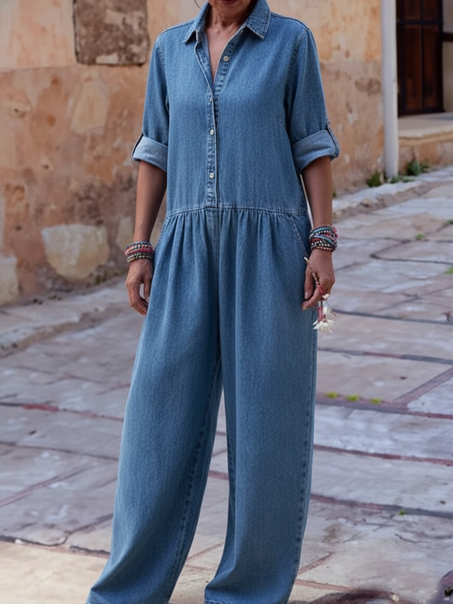Casual Loose-fitting Denim Jumpsuit