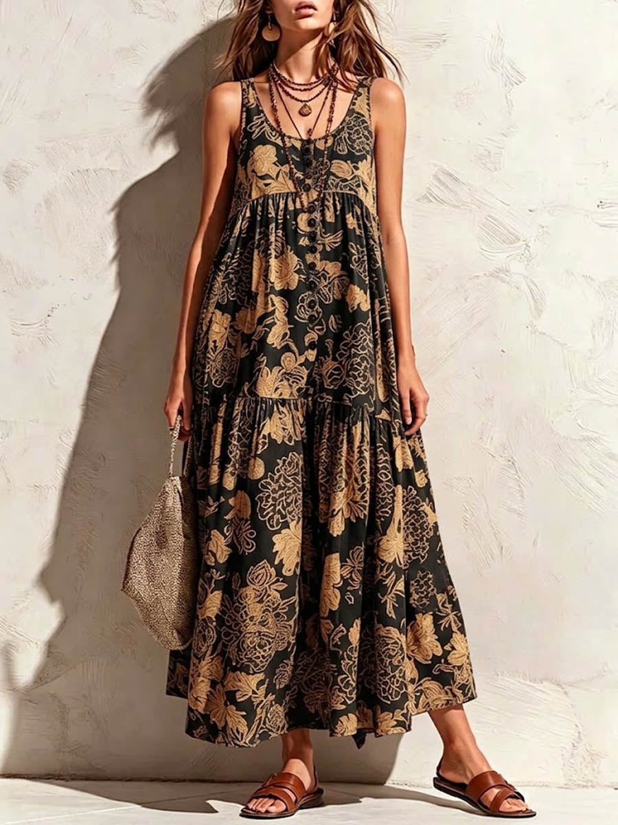 Women's Vintage Print Crew Neck Sleeveless Casual Loose Cotton-linen Dress