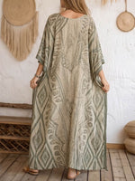 Women's Retro Geometric Print V-neck 3/4-sleeve Casual Loose Cotton-linen Dress