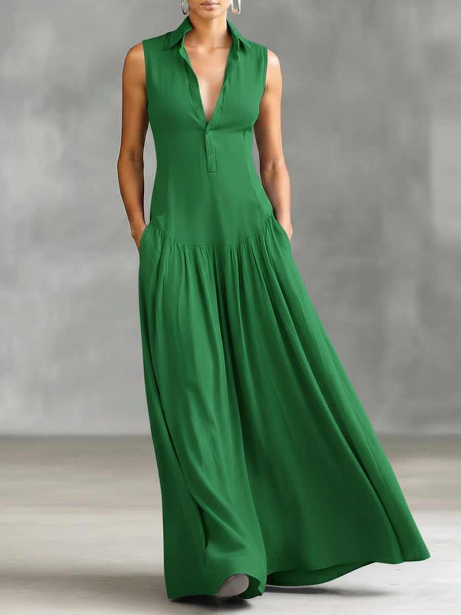 Women's Solid Color Lapel Sleeveless Casual Loose Cotton Dress