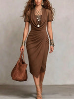 Women's Solid-color Cowl-neck Short-sleeve Casual Slim-fit Dress