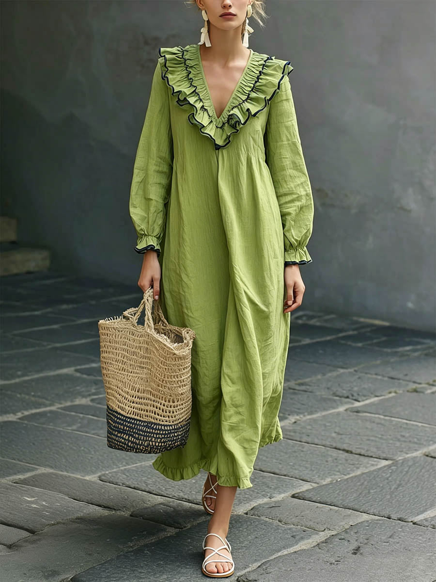 Women's V-neck Long-sleeve Casual Loose-fit Cotton-linen Dress