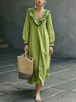 Women's V-neck Long-sleeve Casual Loose-fit Cotton-linen Dress