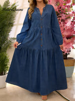 Women's V-neck Long-sleeved Casual Loose Denim A-line Dress