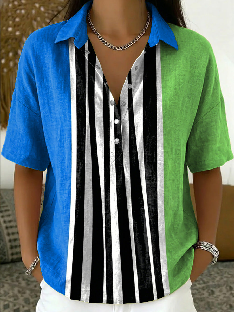Women's Color-block Loose-fit Casual Cotton-linen Short-sleeve Popover Shirt