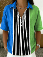 Women's Color-block Loose-fit Casual Cotton-linen Short-sleeve Popover Shirt