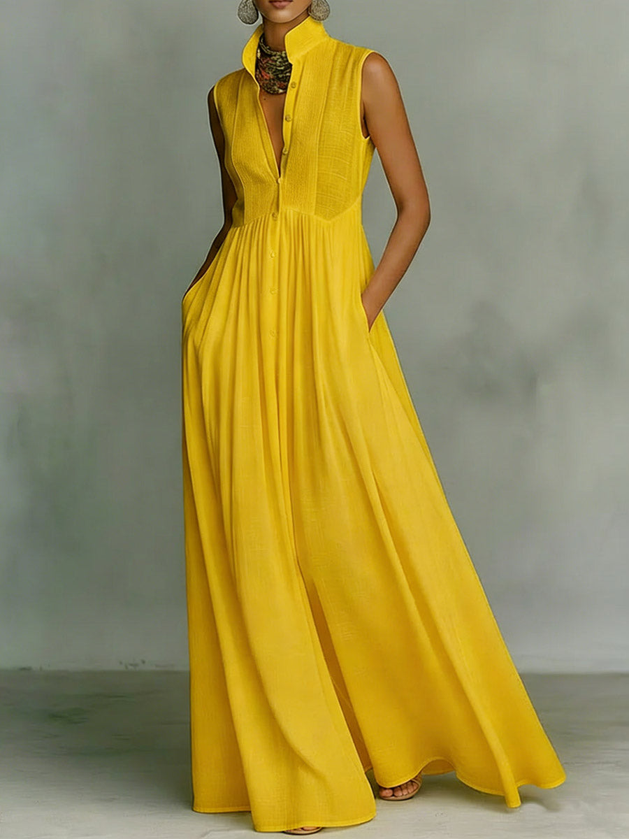 Women's Solid Color Stand Collar Sleeveless Casual Loose Cotton Linen Dress