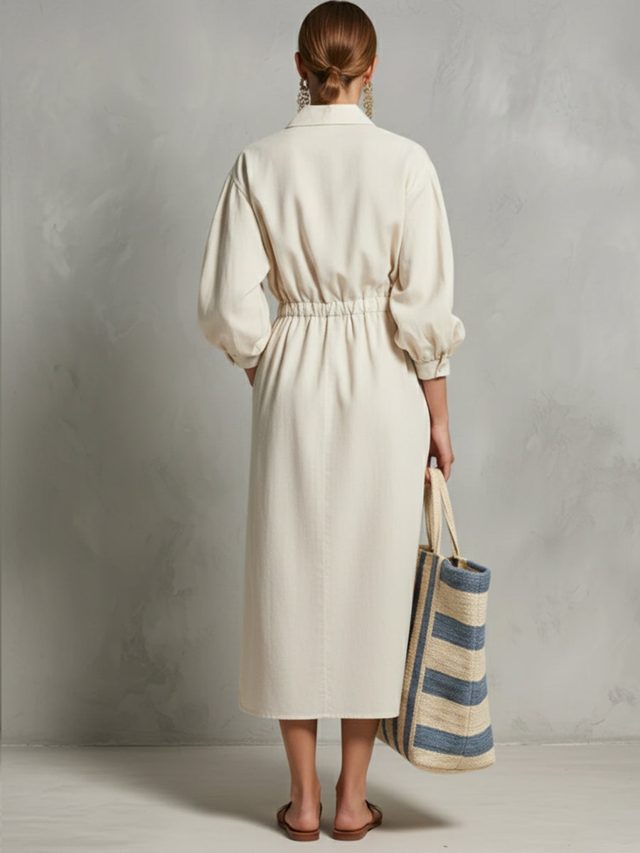 Linen And Cotton Dress With Drawstring Waist
