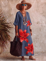 Retro Artistic Lily Print V-neck Cotton Dress