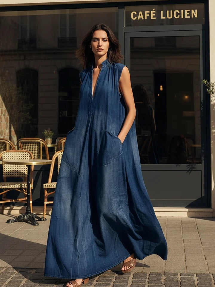 Midnight Blue Sleeveless Denim Maxi Dress