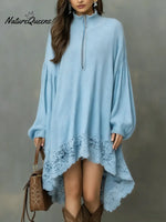 Women's Solid Color Stand-collar Long-sleeved Casual Loose Knit Dress With Lace Trim.
