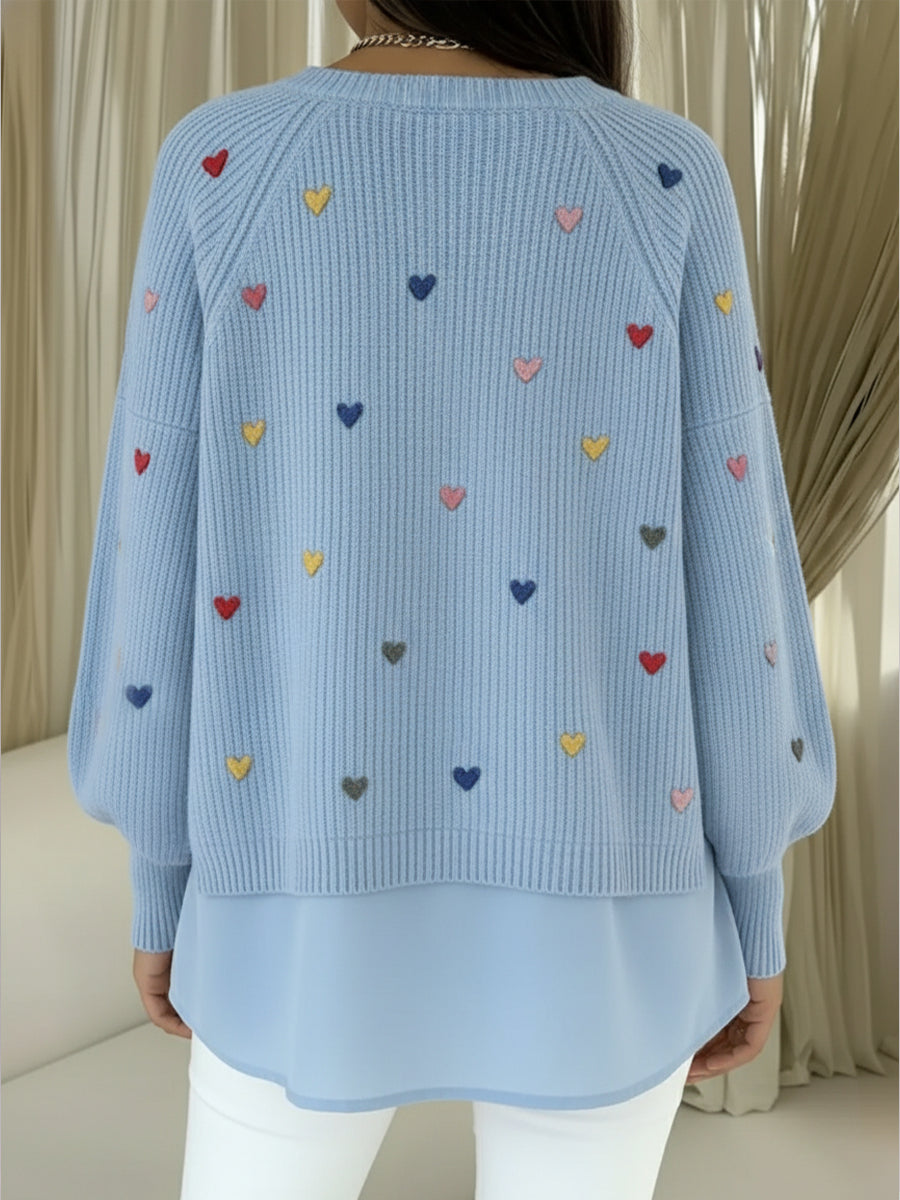 Comfortable Heart Embroidered Chiffon Patchwork Pullover Sweater