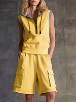 Women's Casual Set: Lapel Sleeveless Loose-fit Hoodie Top & High-waisted Wide-leg Shorts
