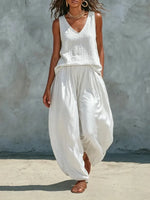 Vacation Style Linen Sleeveless Simple Set
