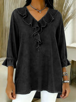 Women's Ruffled V-neck Three-quarter Sleeve Casual Loose Denim Top