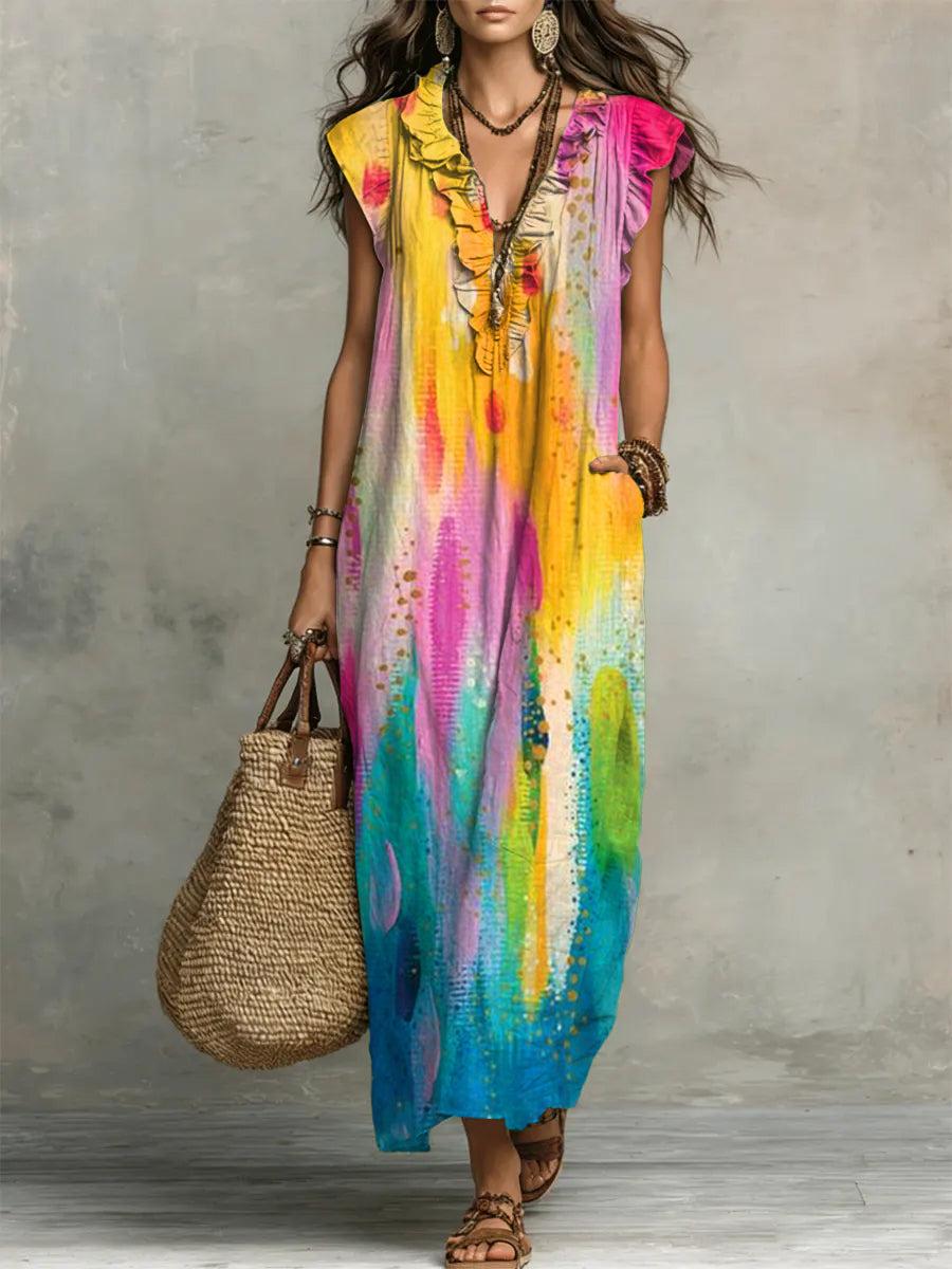 Women's Vintage Pattern Art Print Casual Ruffled Stylish Cotton Linen Dress