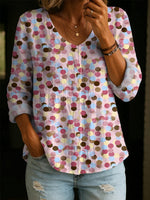 Women's Vintage Polka Dot & Artistic Print Linen-cotton Shirt