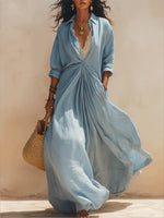 Women's Simple And Gentle Style Cotton And Linen Shirt Dress