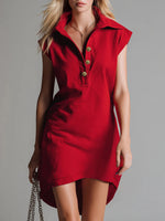 Women's Solid Color Lapel Short-sleeved Casual Loose Cotton Dress